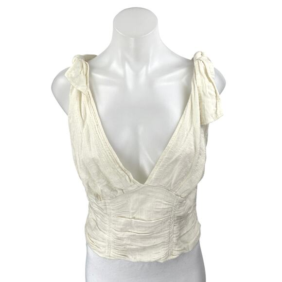 Free People Cream White Sleeveless V-neck Tie Shoulder Smocked Crop Tank Top M - Picture 1 of 4